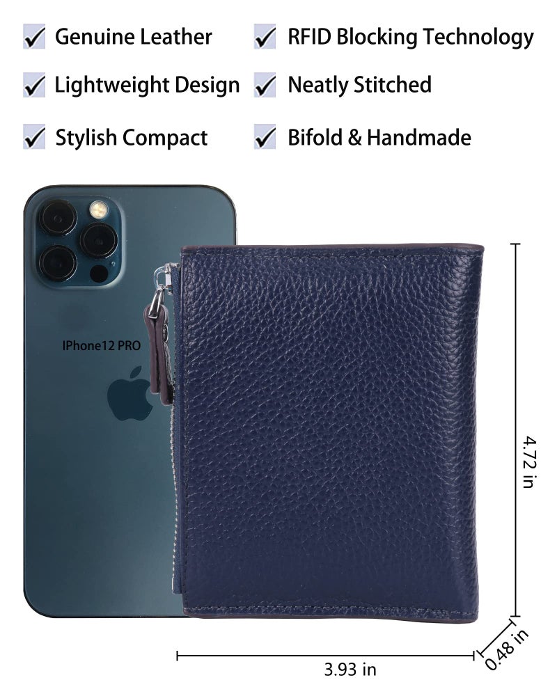 AINIMOER Women's RFID Blocking Leather Small Compact Bi-fold Zipper Pocket Wallet Card Case Purse with id Window (Lichee Navy Blue) - Image 4